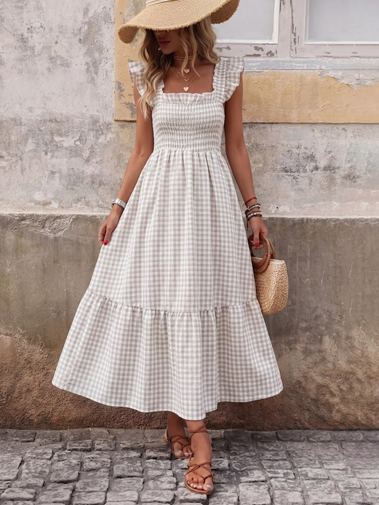 Robe longue rétro à carreaux smockée avec poches