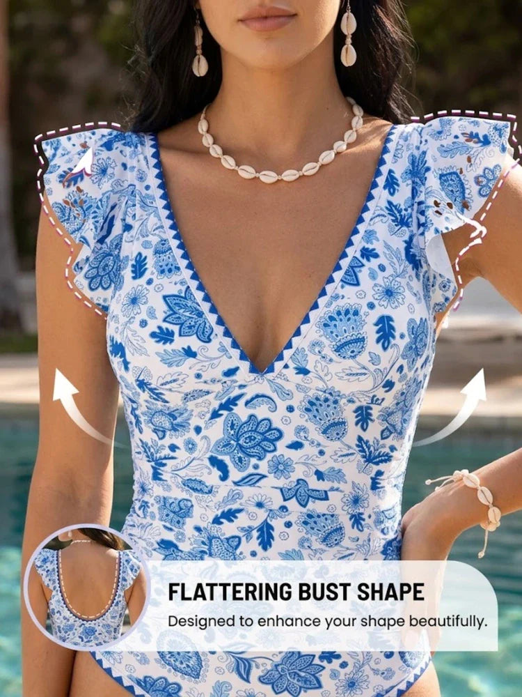 Maillot de bain 1 pièce gainant col V à volants