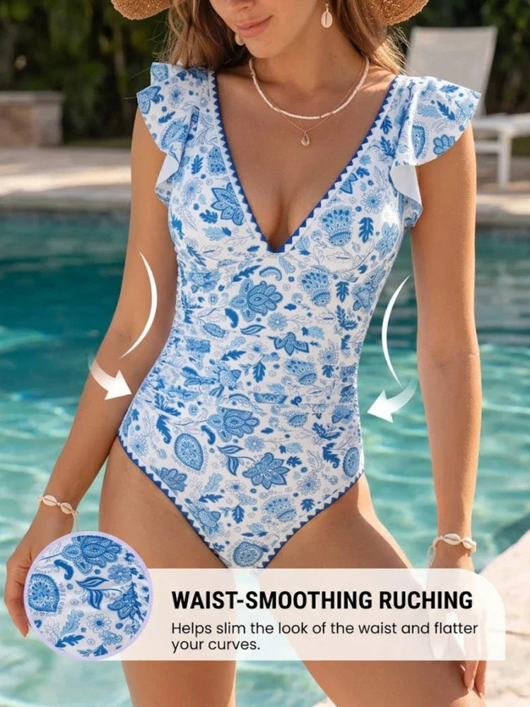 Maillot de bain 1 pièce gainant col V à volants