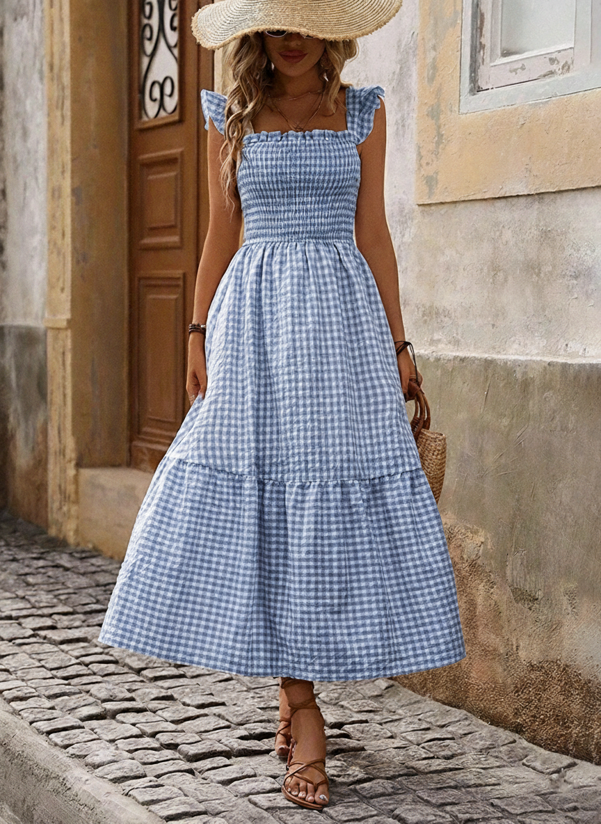 Robe longue rétro à carreaux smockée avec poches