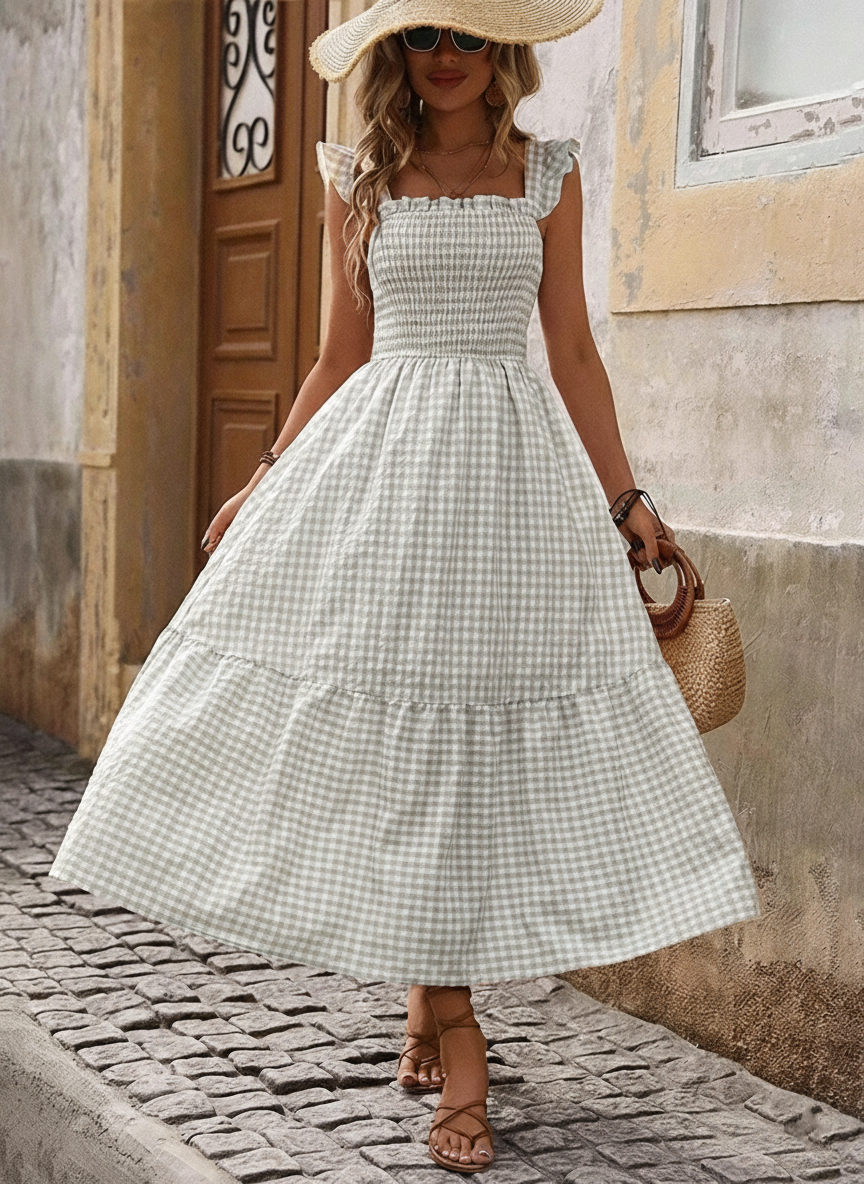 Robe longue rétro à carreaux smockée avec poches