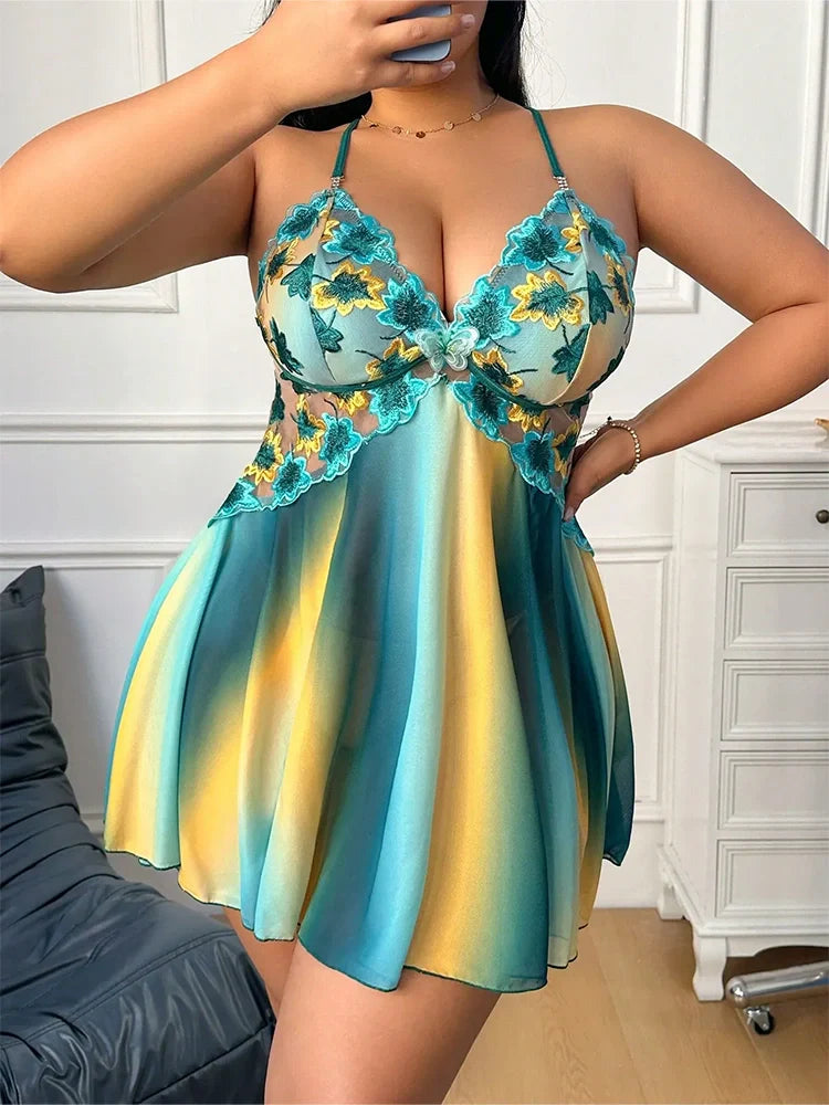 Nuisette babydoll grande taille brodée fleurs