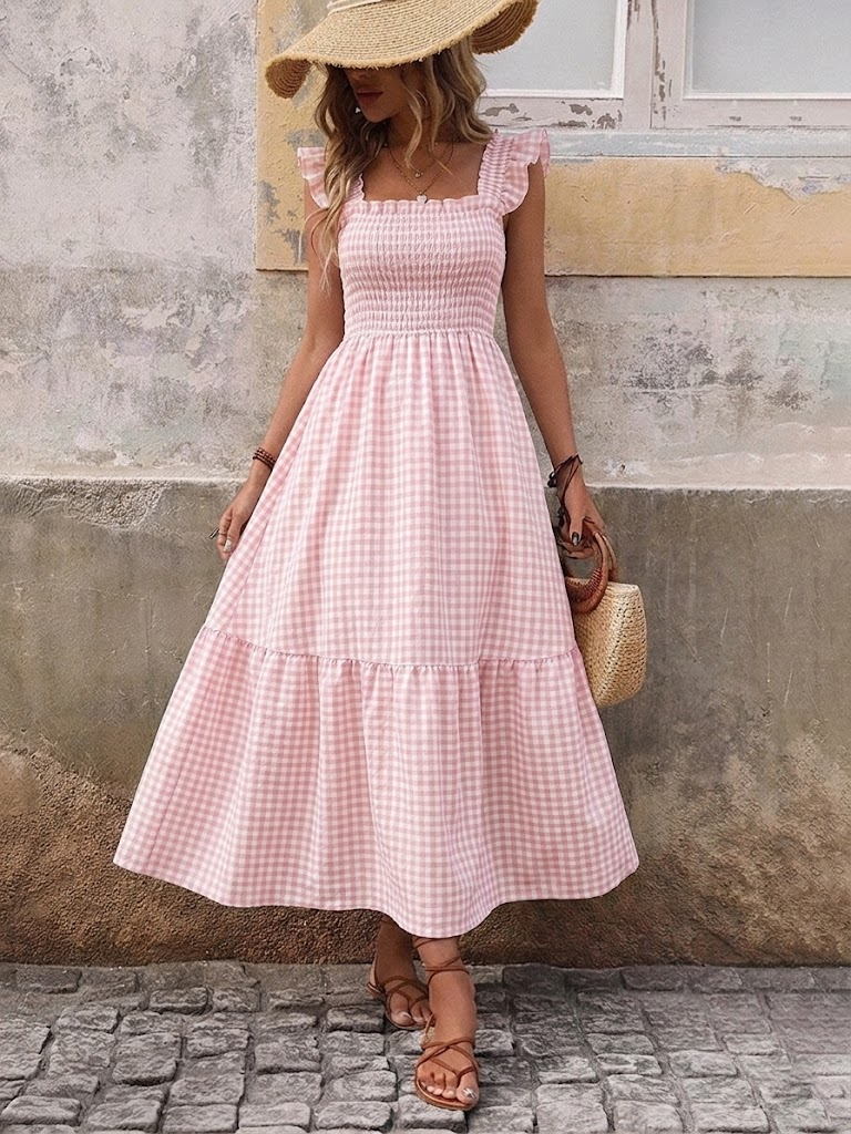 Robe longue rétro à carreaux smockée avec poches
