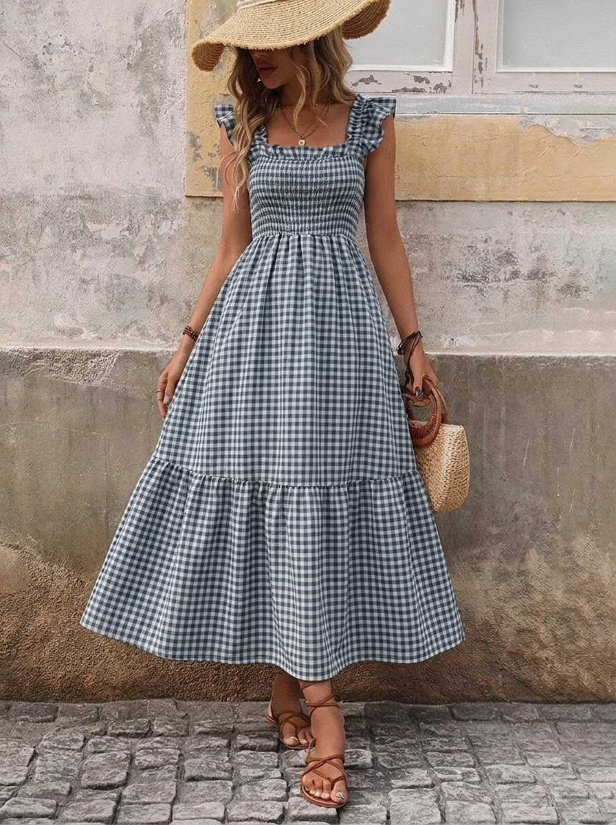 Robe longue rétro à carreaux smockée avec poches