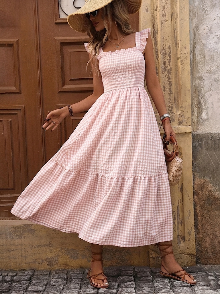 Robe longue rétro à carreaux smockée avec poches