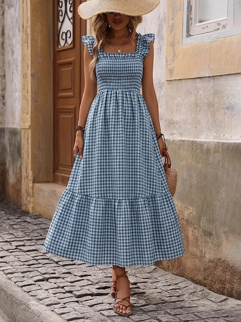Robe longue rétro à carreaux smockée avec poches