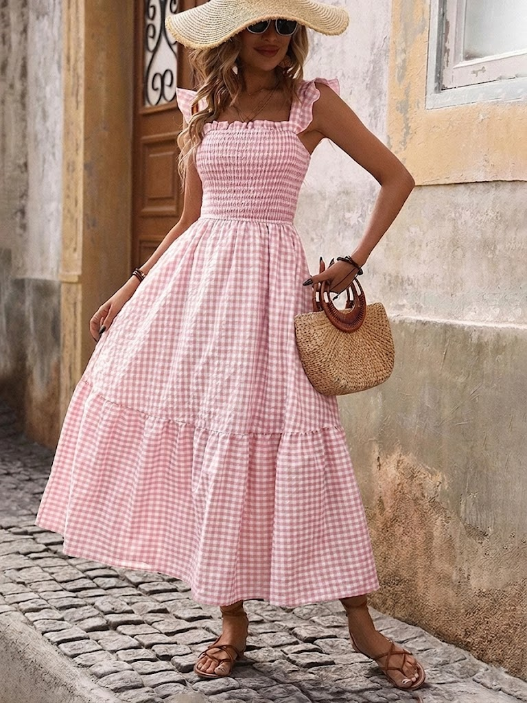 Robe longue rétro à carreaux smockée avec poches