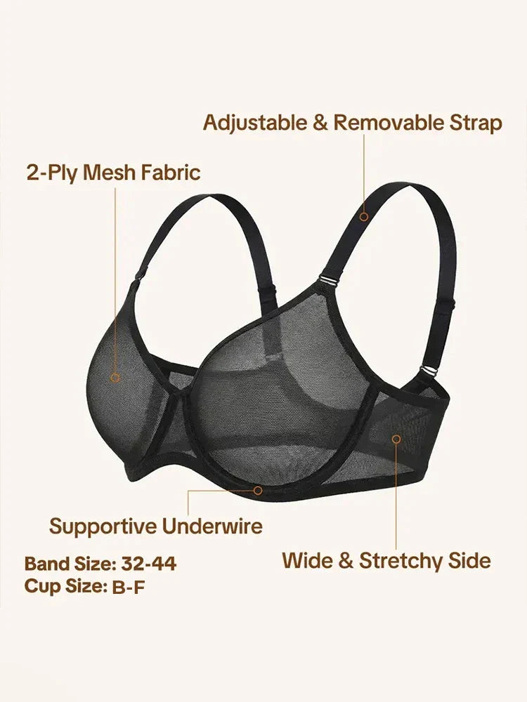 Soutien-gorge minimiseur en tulle sans coutures, non doublé à armatures