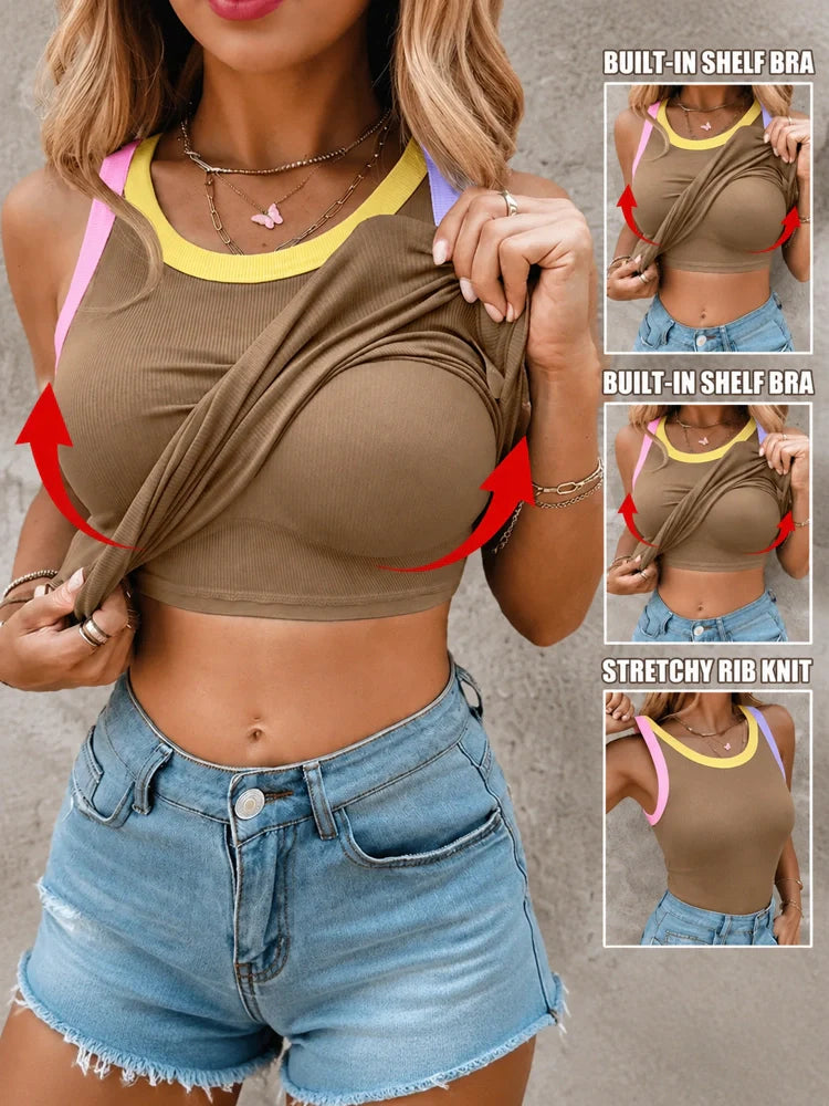 Débardeur côtelé 2-en-1 dos nageur avec brassière intégrée