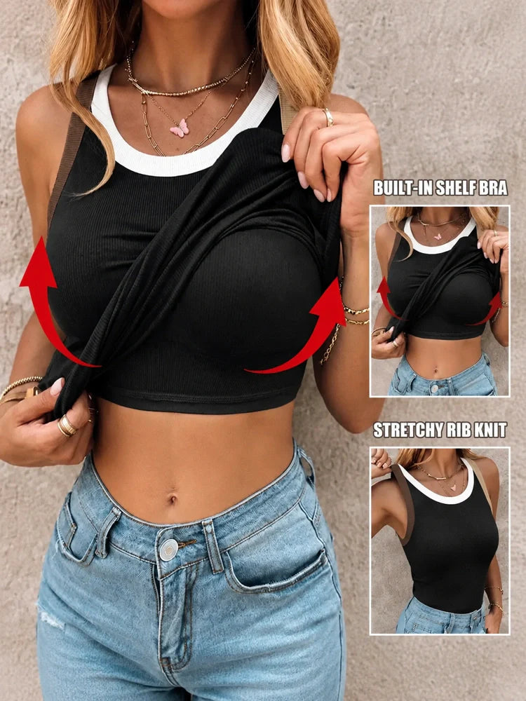 Débardeur côtelé 2-en-1 dos nageur avec brassière intégrée