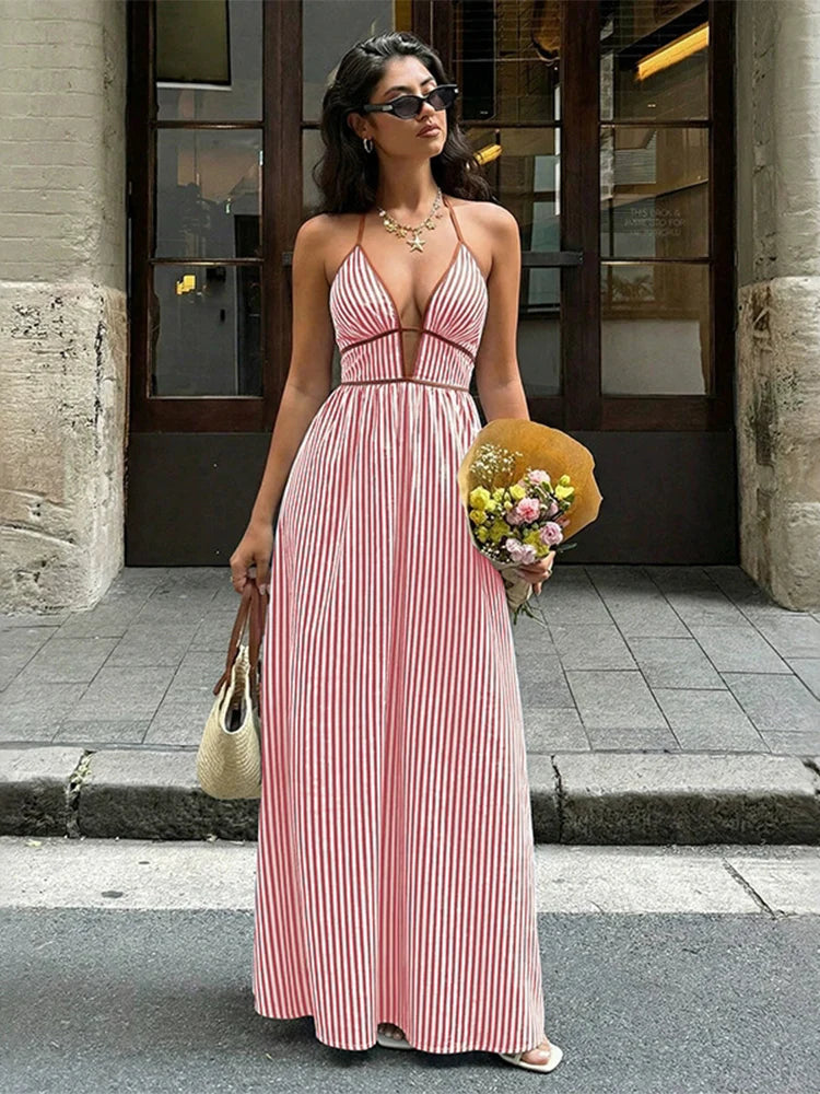 Robe longue femme à rayures et col dos-nu