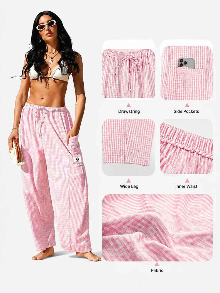 Pantalon large femme à carreaux vichy, coupe ample