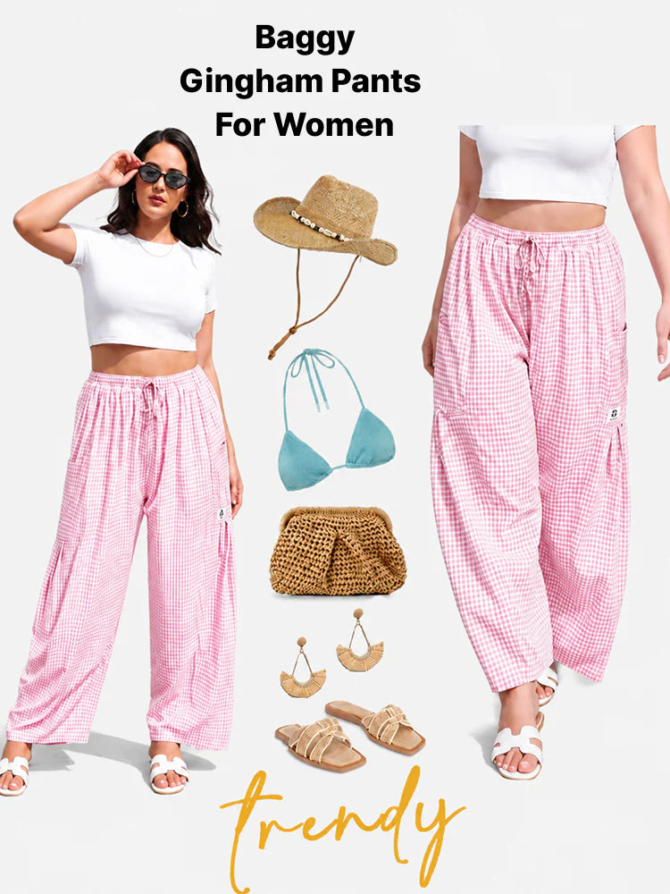 Pantalon large femme à carreaux vichy, coupe ample