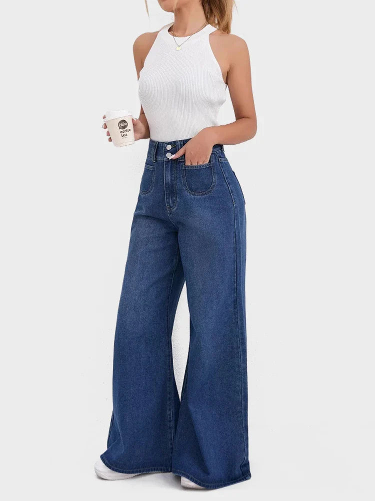 Jean flare taille haute jambe large femme
