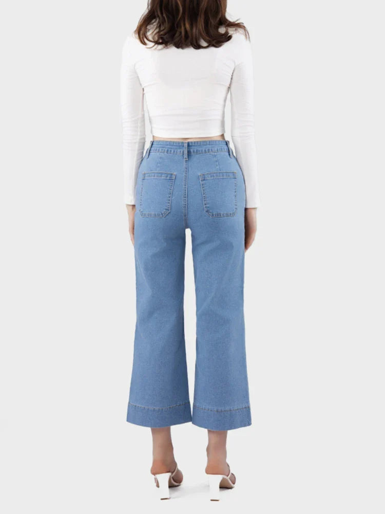Jean court taille haute jambe droite femme
