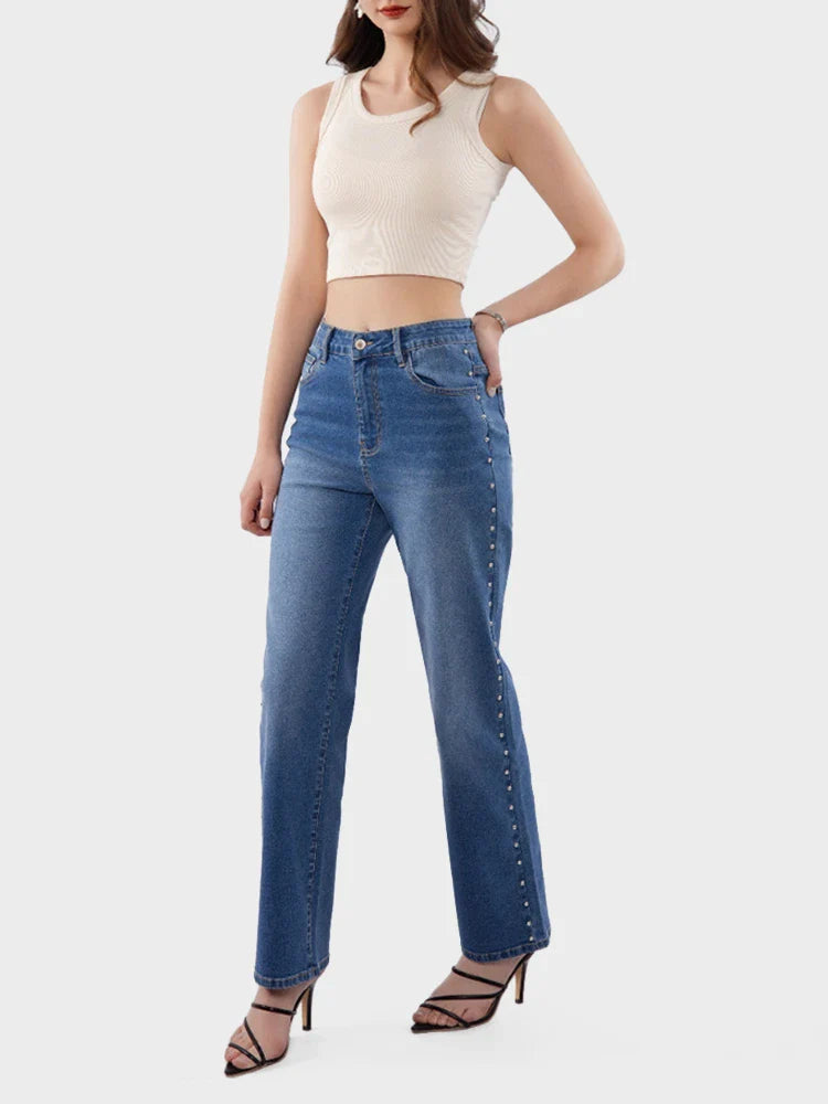 Jean large taille haute orné de perles femme