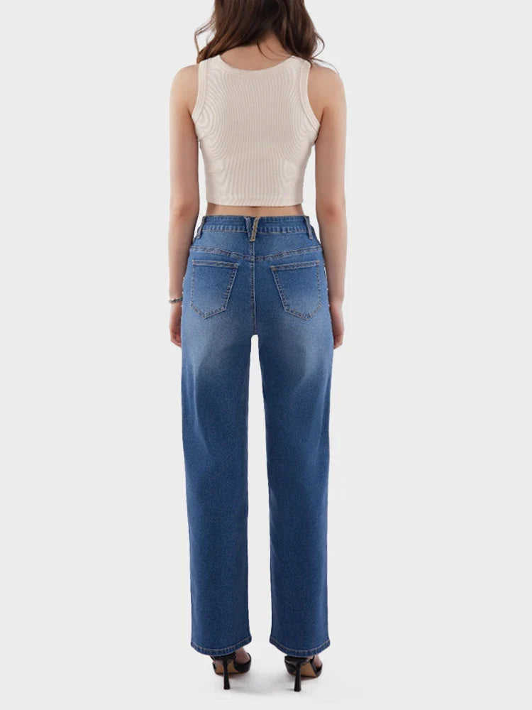 Jean large taille haute orné de perles femme