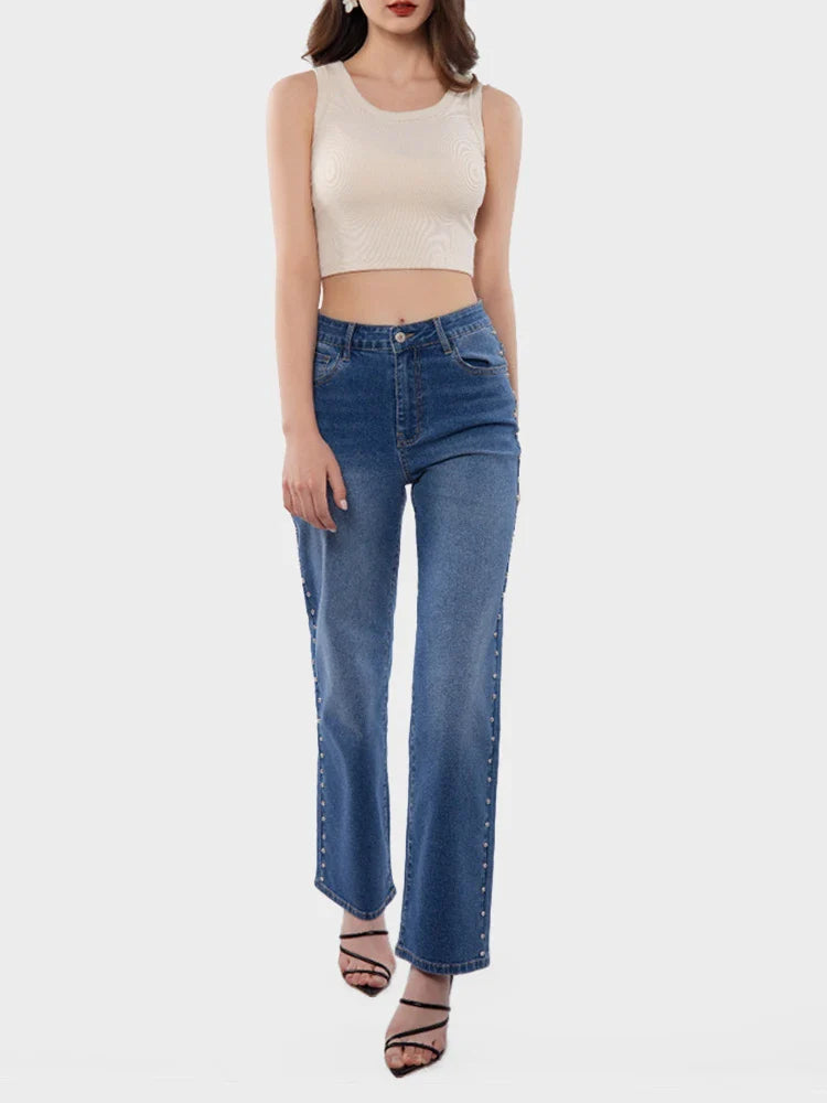 Jean large taille haute orné de perles femme