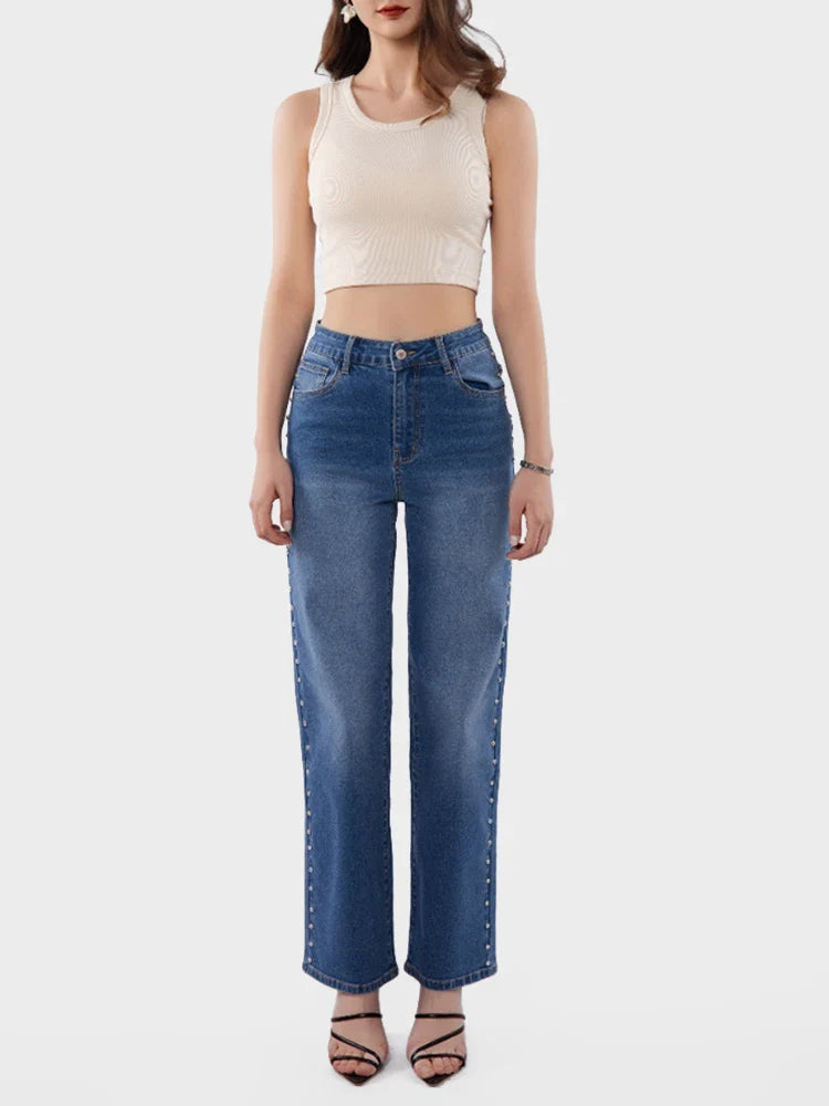 Jean large taille haute orné de perles femme