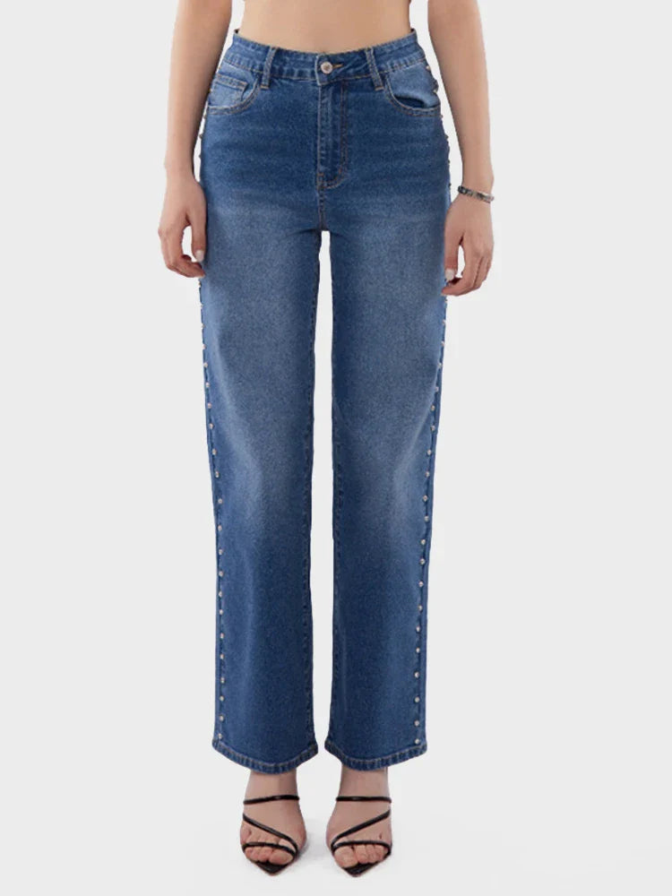 Jean large taille haute orné de perles femme
