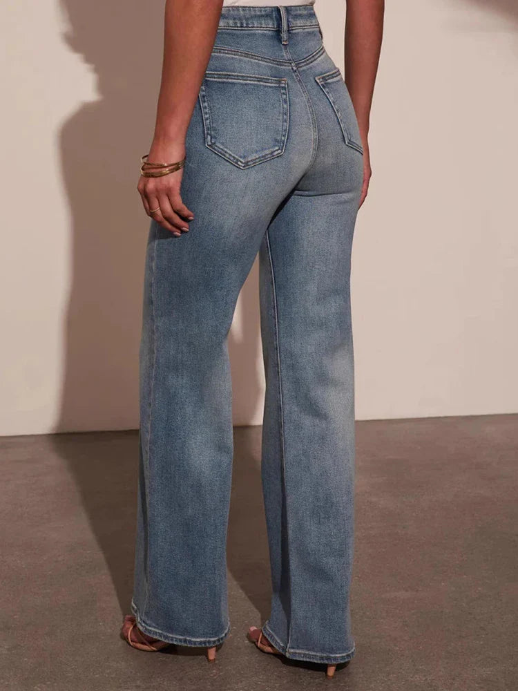 Jean femme taille haute coupe droite stretch