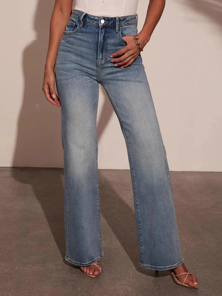 Jean femme taille haute coupe droite stretch