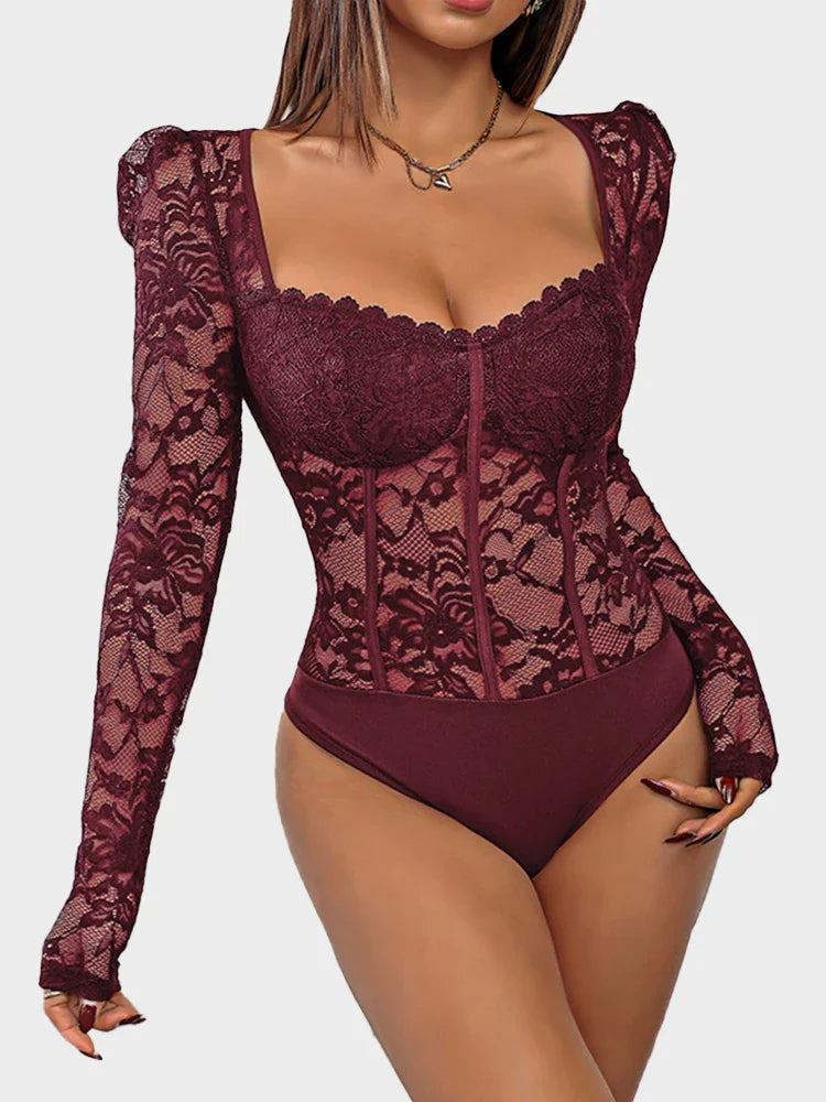 Body corset en dentelle transparente à manches longues et col cœur