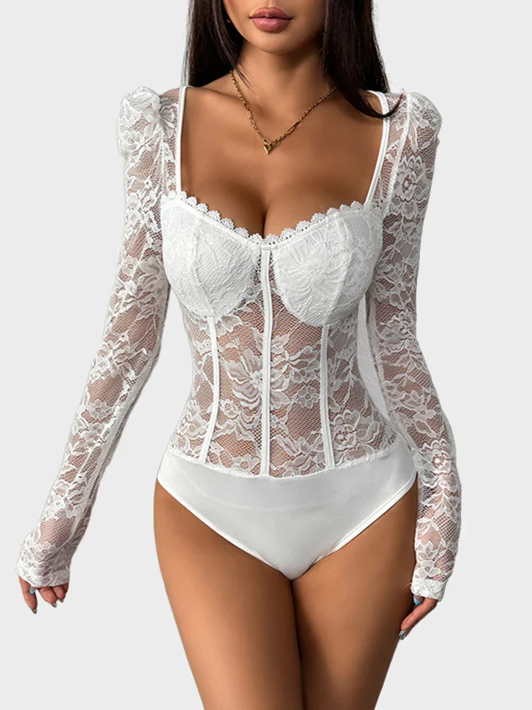 Body corset en dentelle transparente à manches longues et col cœur