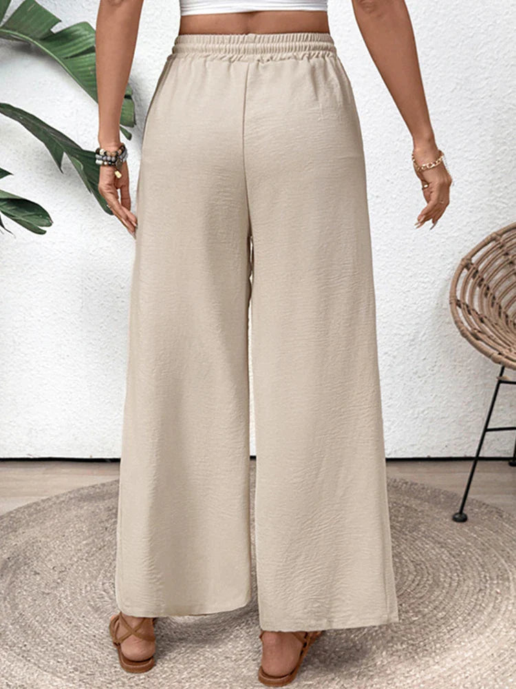 Pantalon fluide femme à taille coulissée – Jambe large avec poches