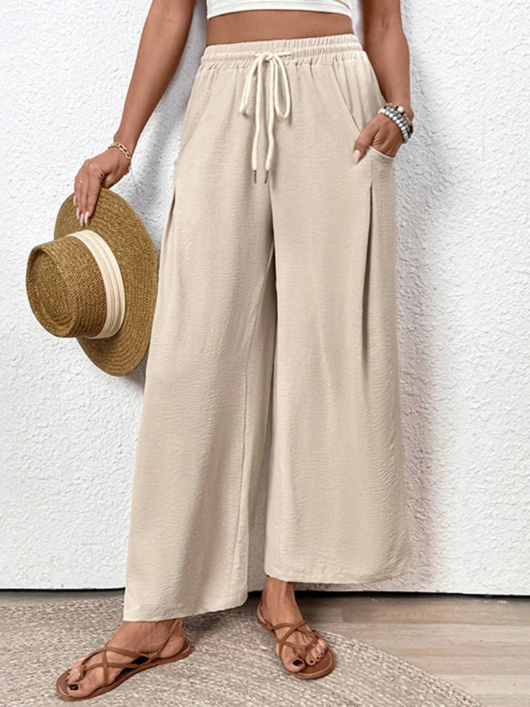 Pantalon fluide femme à taille coulissée – Jambe large avec poches