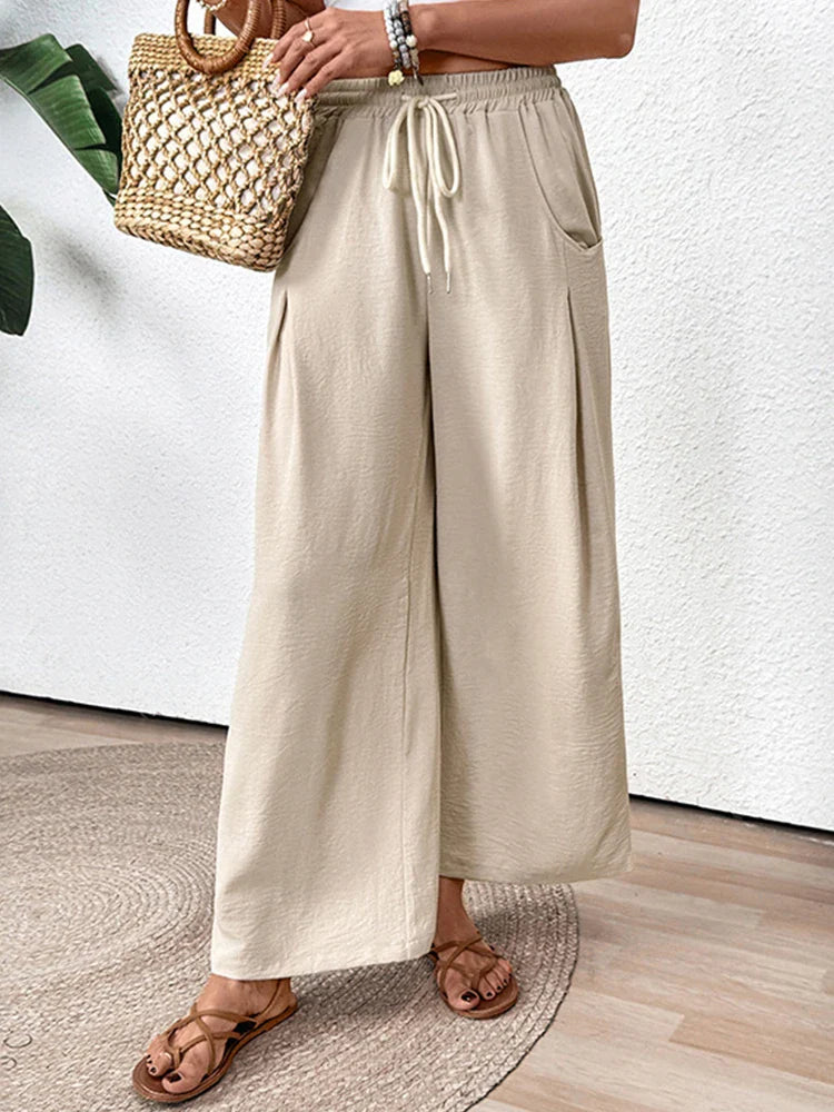 Pantalon fluide femme à taille coulissée – Jambe large avec poches