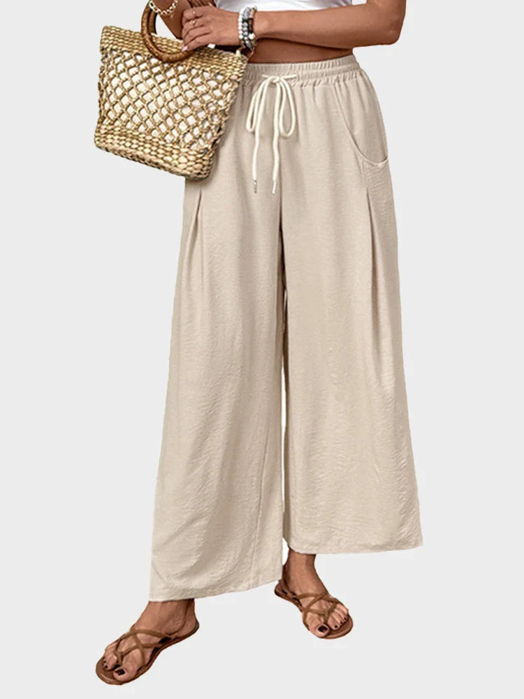 Pantalon fluide femme à taille coulissée – Jambe large avec poches
