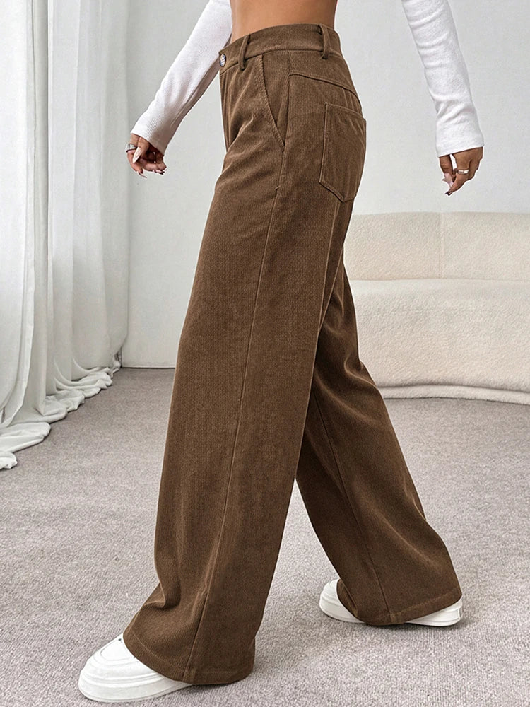 Pantalon en velours côtelé femme – Jambe large, taille haute, avec poches