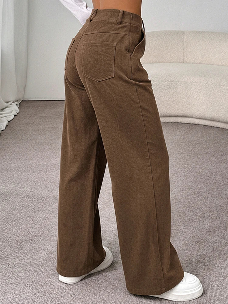 Pantalon en velours côtelé femme – Jambe large, taille haute, avec poches