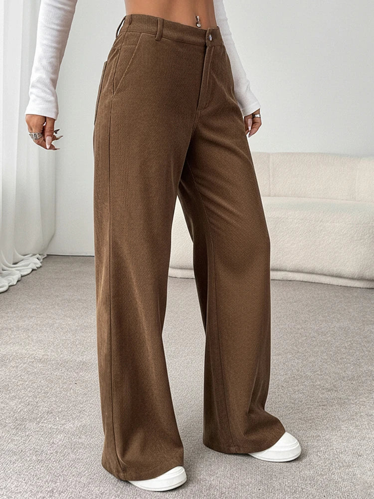 Pantalon en velours côtelé femme – Jambe large, taille haute, avec poches