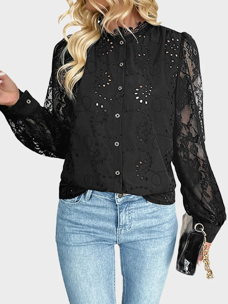 Blouse femme en dentelle transparente à manches longues