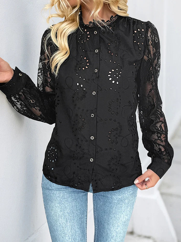Blouse femme en dentelle transparente à manches longues