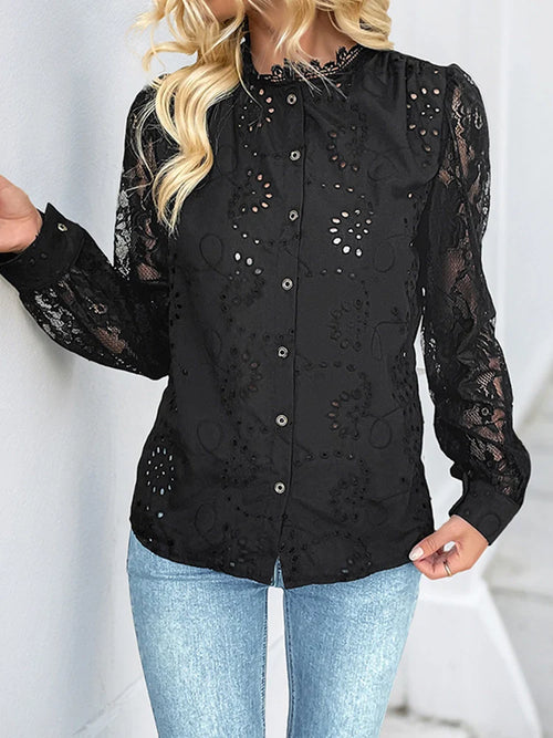 Blouse femme en dentelle transparente à manches longues