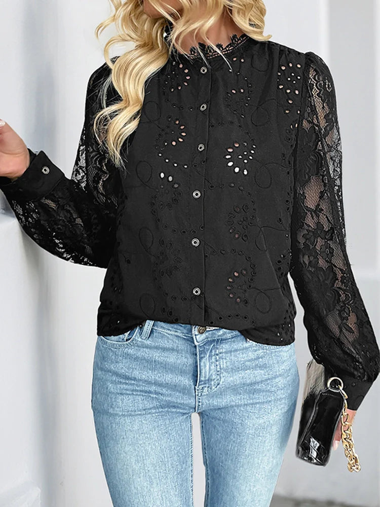 Blouse femme en dentelle transparente à manches longues