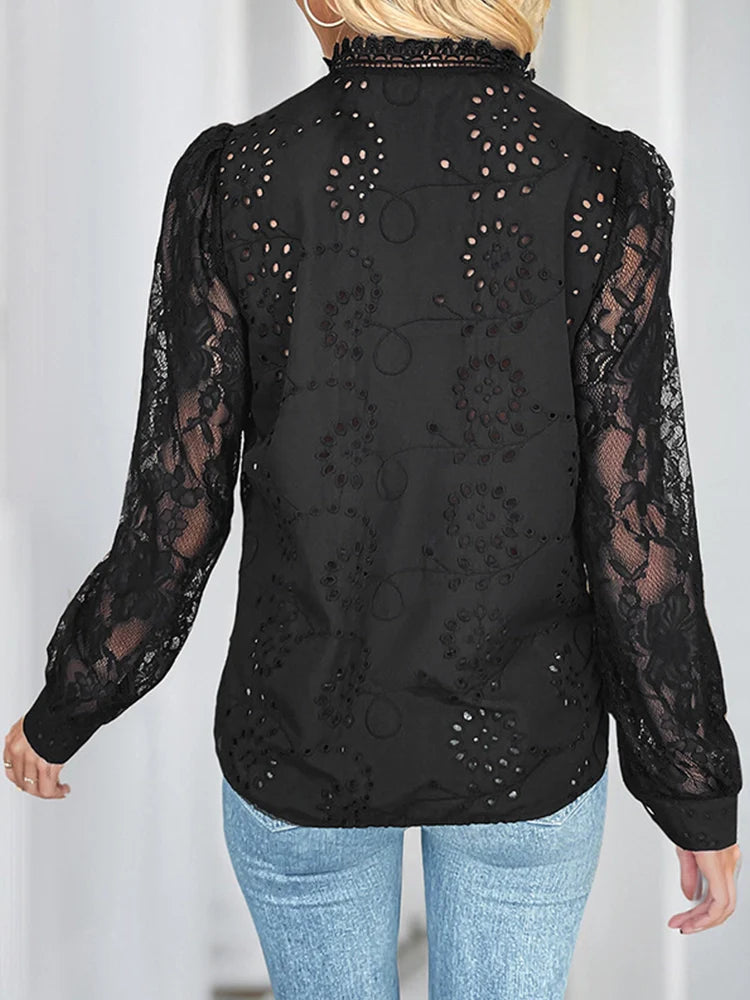 Blouse femme en dentelle transparente à manches longues
