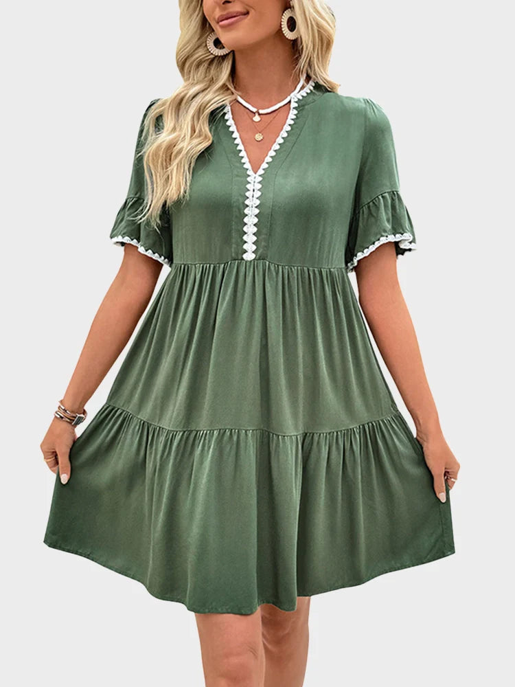 Robe courte resort femme col V manches courtes à volants en dentelle