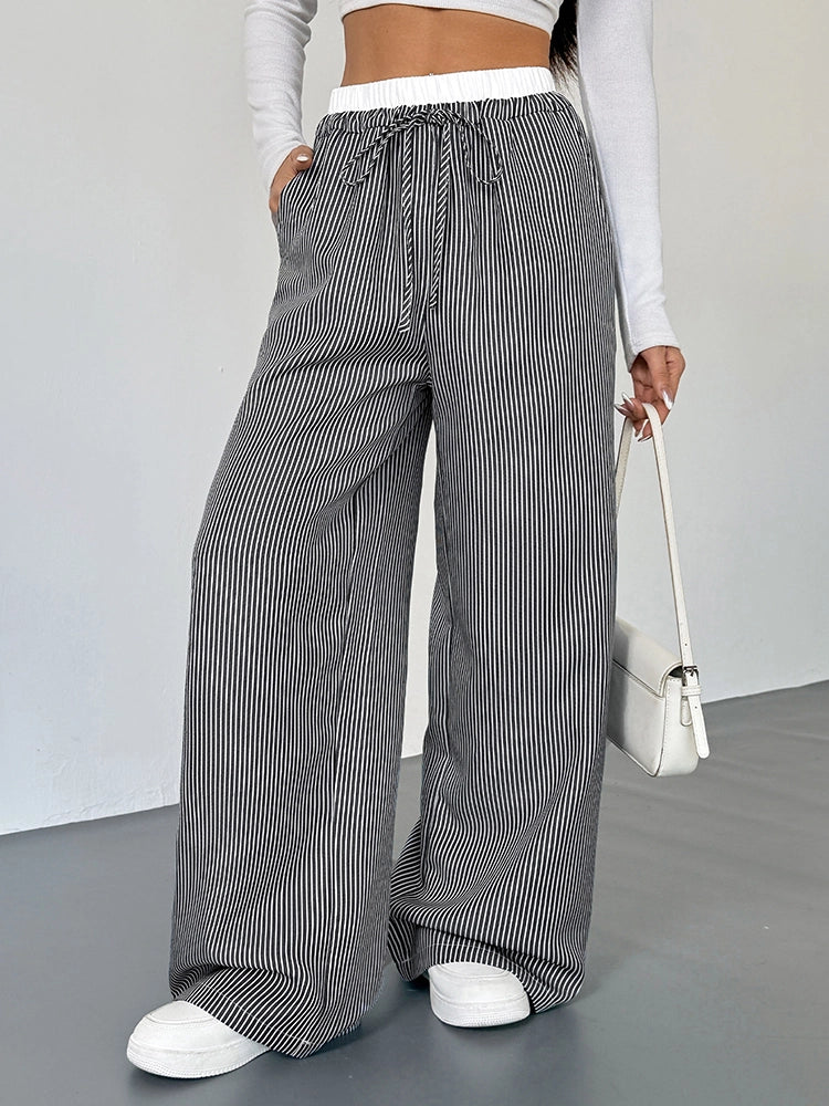 Pantalon large femme à rayures taille haute – Coupe droite ample color block