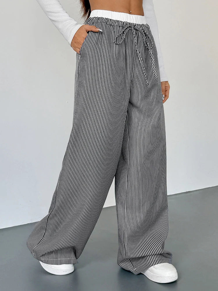 Pantalon large femme à rayures taille haute – Coupe droite ample color block