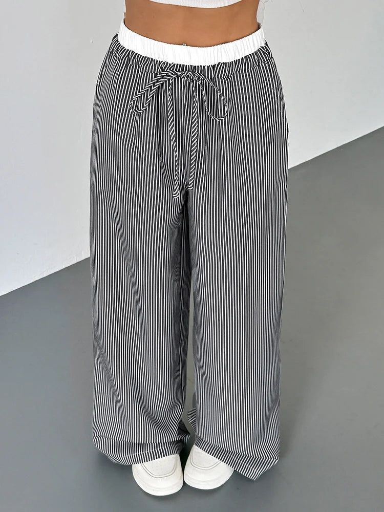 Pantalon large femme à rayures taille haute – Coupe droite ample color block