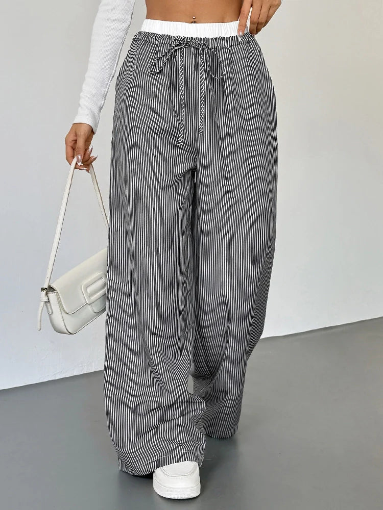Pantalon large femme à rayures taille haute – Coupe droite ample color block