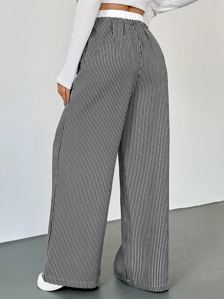 Pantalon large femme à rayures taille haute – Coupe droite ample color block