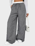 Pantalon large femme à rayures taille haute – Coupe droite ample color block