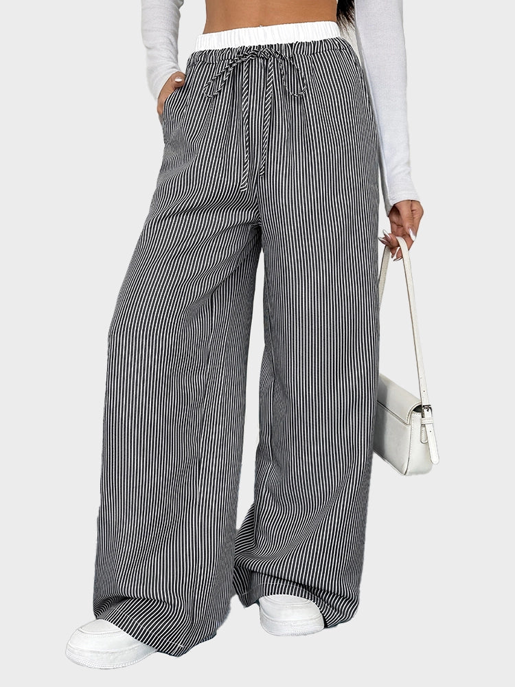 Pantalon large femme à rayures taille haute – Coupe droite ample color block