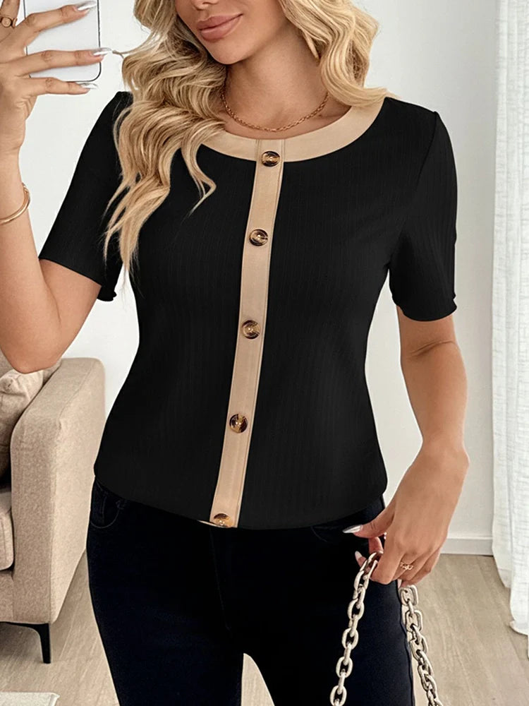Top femme en maille côtelée à finitions contrastées