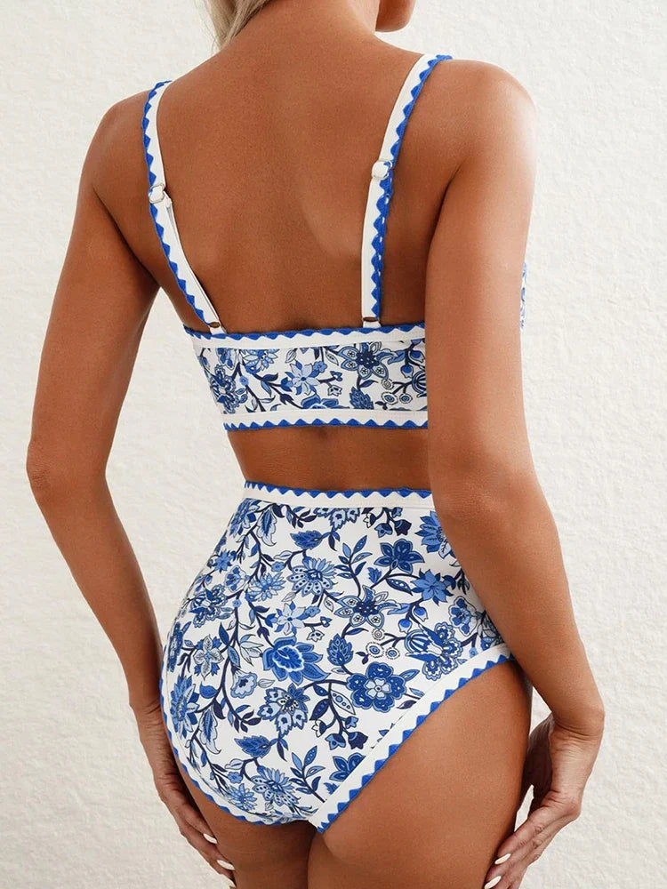 Maillot 2 pièces imprimé fleuri à surpiqûres